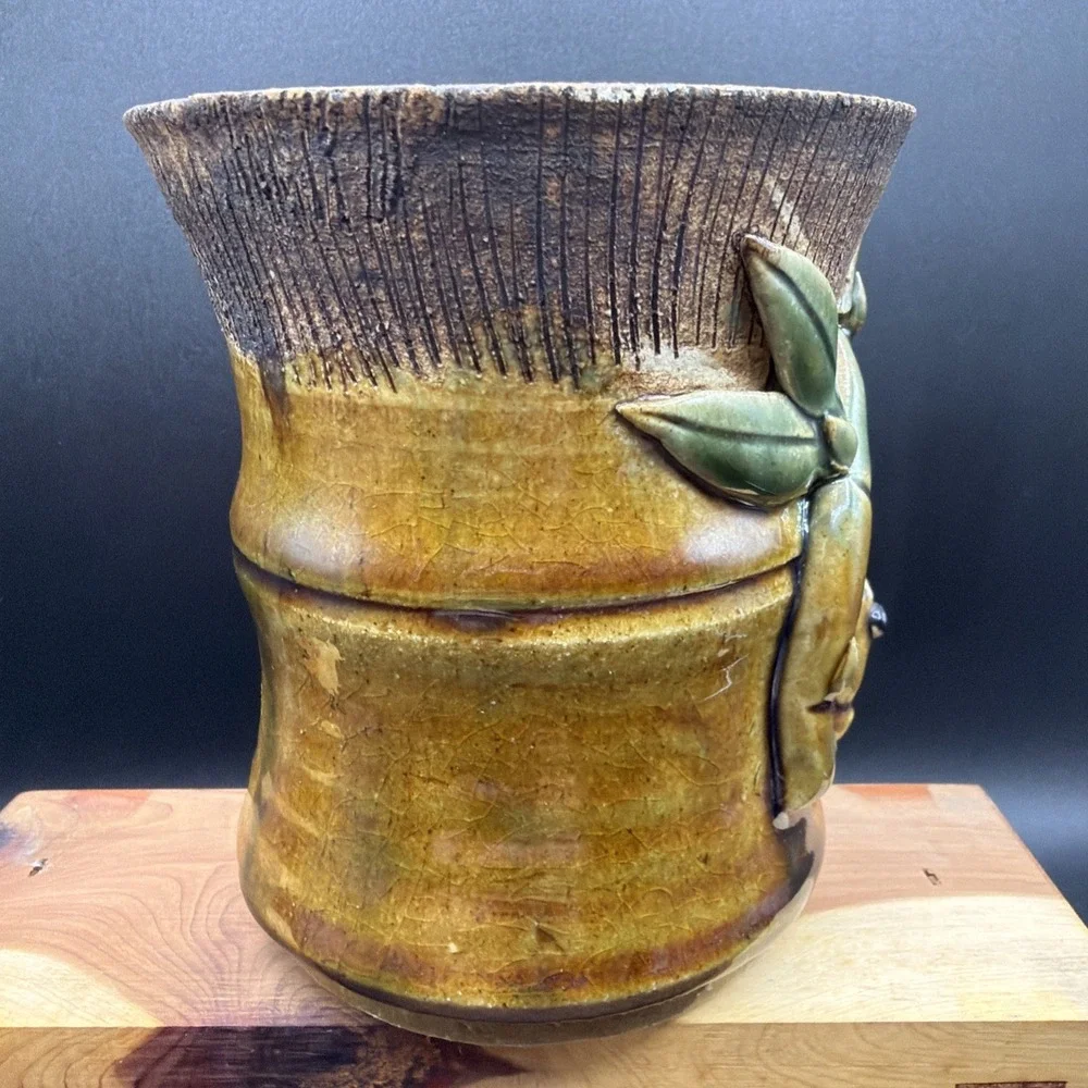 Majolica Planter Vase W/ Frog Figuritive Bamboo Signed VTG Studio Pottery 5.5x5